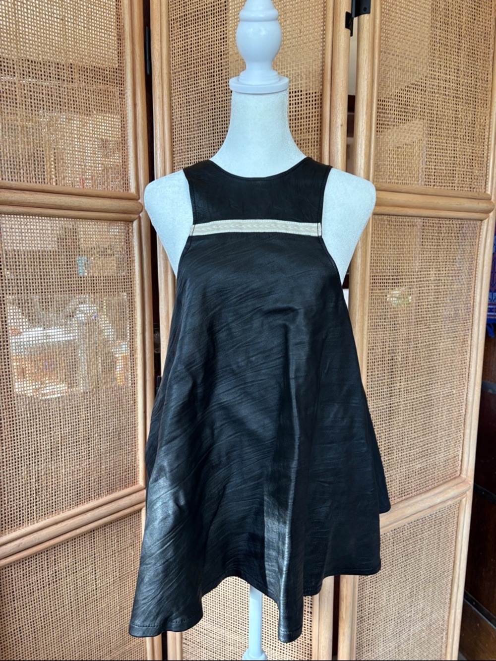 Leather Sleeveless Top with Embroidered Trim